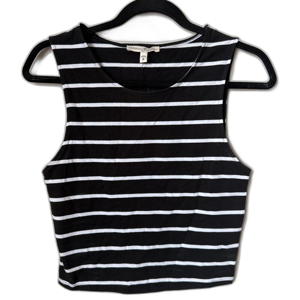 Express One Eleven Black White Striped Cropped High Neck Tank M